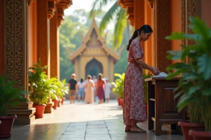 Touriste occidentale retirant ses chaussures avant d'entrer dans un temple bouddhiste thaïlandais, respectant les règles locales