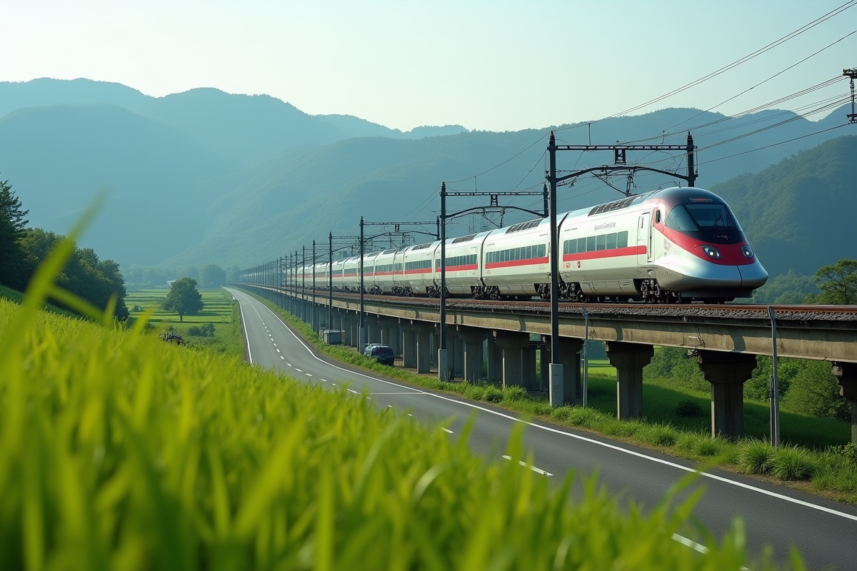 TGV Shinkansen traversant la campagne japonaise verte