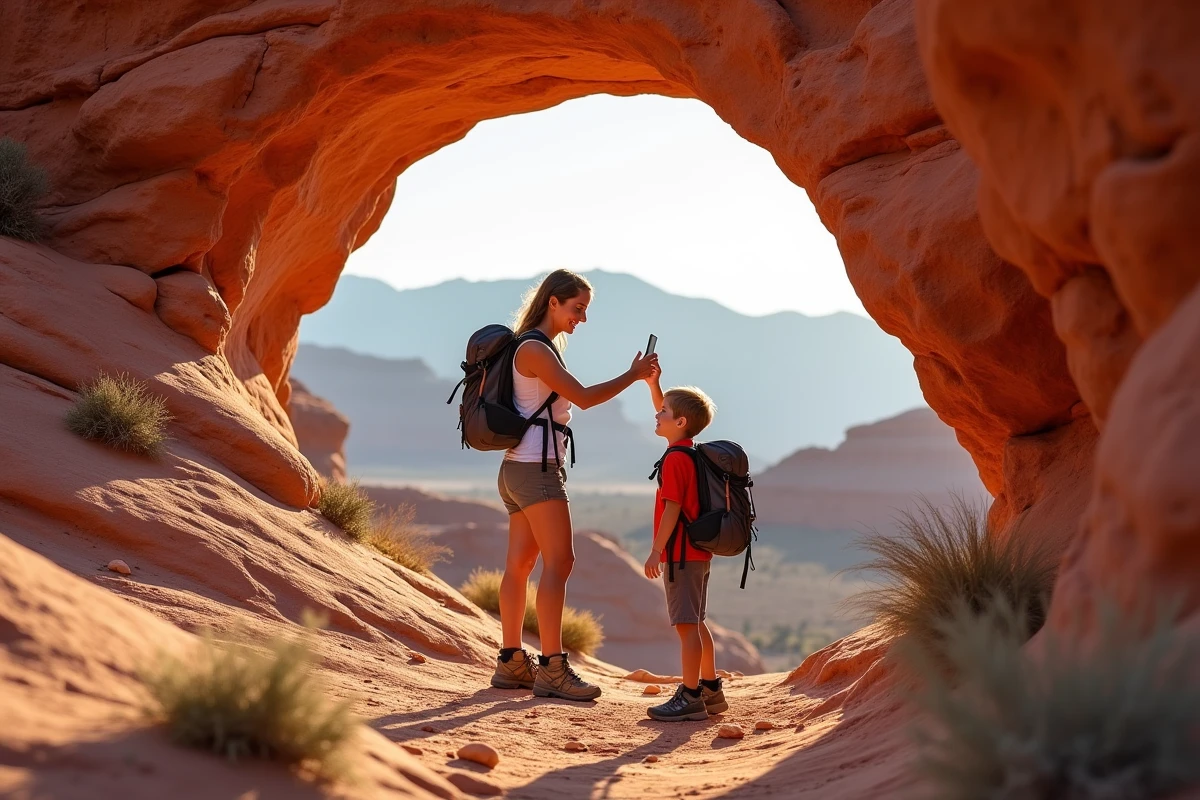 Mère et fils explorant les formations rocheuses rouges du Valley of Fire State Park lors d'une pause entre Las Vegas et Los Angeles