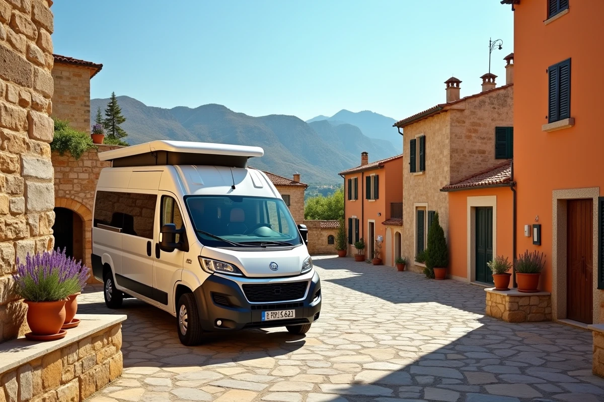 Van aménagé stationné sur une aire de camping-car dans un village médiéval perché de Corse du Nord