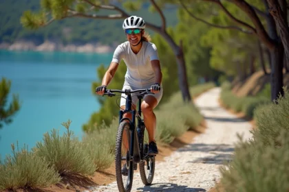 Femme faisant du vélo électrique sur un sentier côtier de l'île de Mljet entouré de pins méditerranéens et d'un lac turquoise
