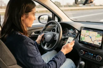 Femme consultant ViaMichelin sur smartphone monté dans une voiture pour suivre un itinéraire routier