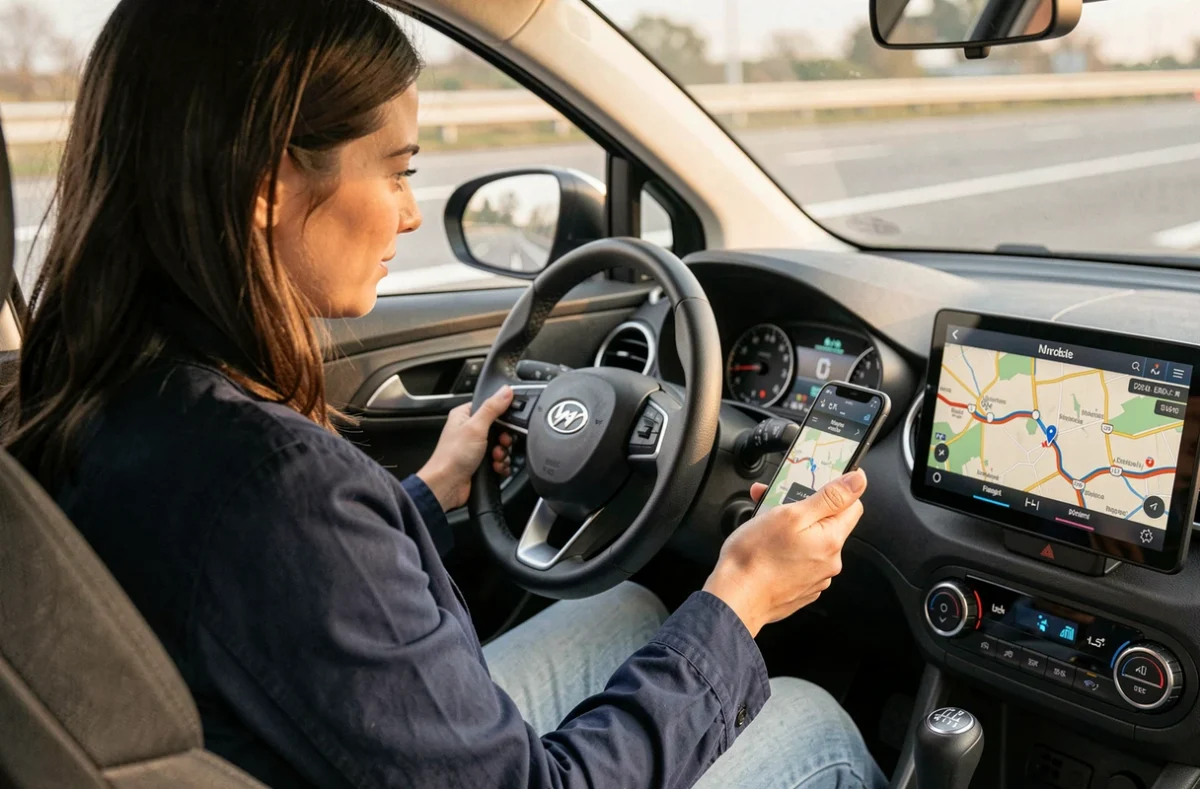Femme consultant ViaMichelin sur smartphone monté dans une voiture pour suivre un itinéraire routier