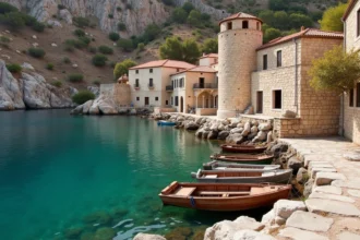 Village de Liméni dans le Magne avec ses tours en pierre et son petit port de pêche aux eaux turquoise