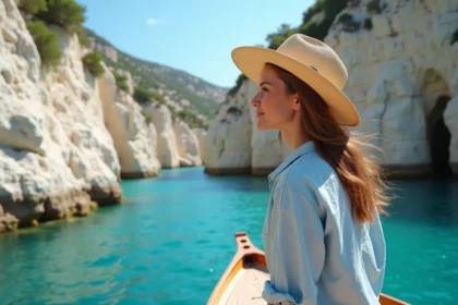 Femme sur un bateau traditionnel naviguant vers les calanques de Cassis avec falaises calcaires blanches en arrière-plan