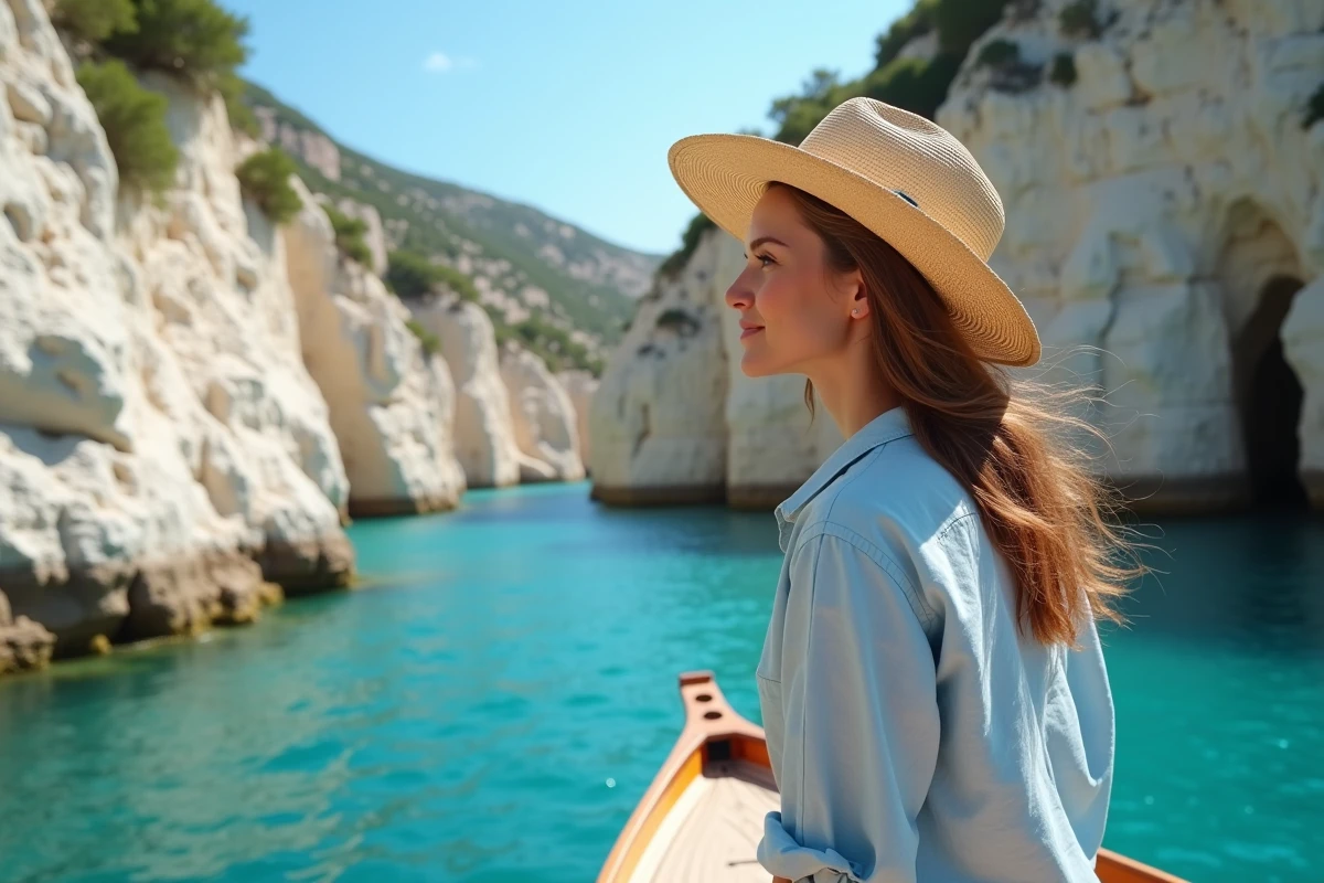 Femme sur un bateau traditionnel naviguant vers les calanques de Cassis avec falaises calcaires blanches en arrière-plan