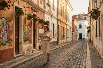Femme explorant une ruelle pittoresque du quartier de Psiri à Athènes, bordée de bâtiments néoclassiques colorés et d'art de rue
