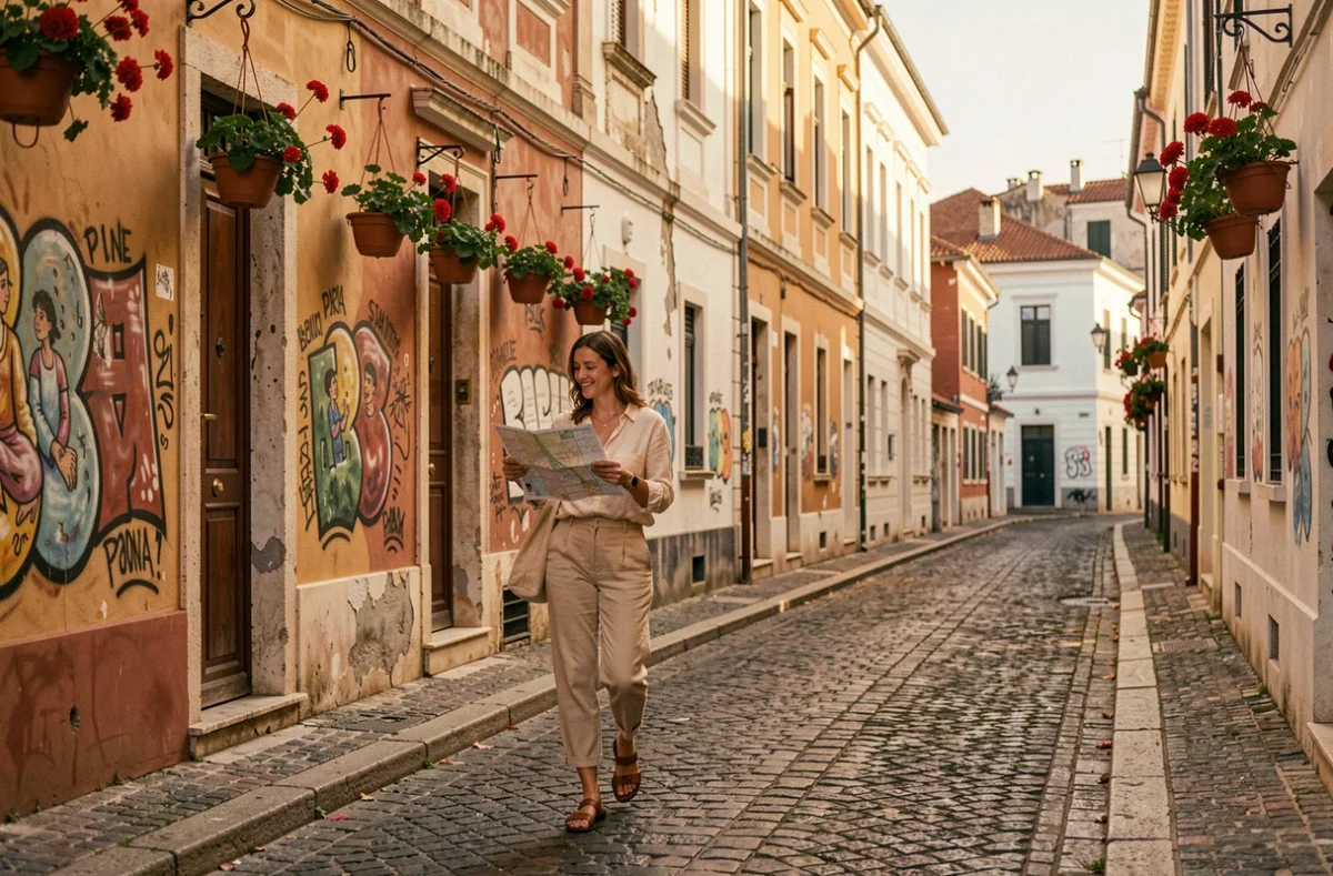 Femme explorant une ruelle pittoresque du quartier de Psiri à Athènes, bordée de bâtiments néoclassiques colorés et d'art de rue