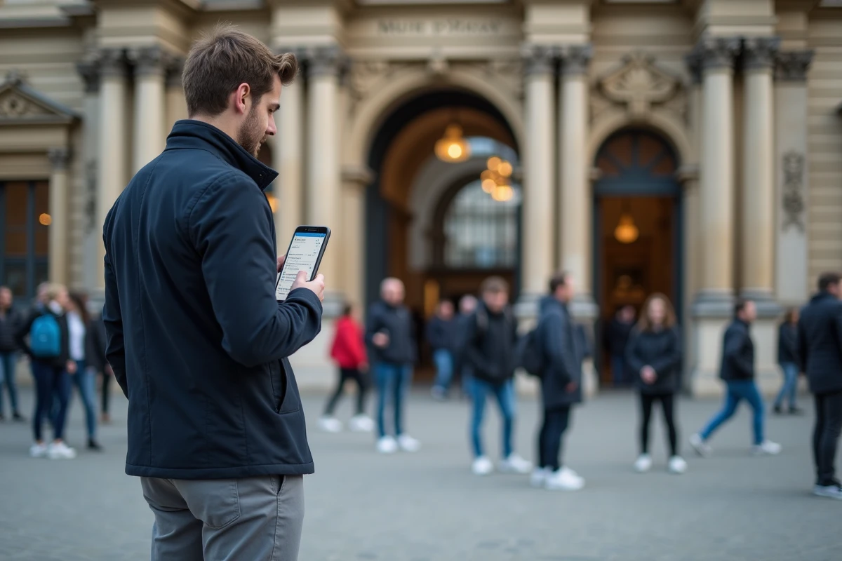 Visiteur utilisant une application de billets coupe-file devant le Musée d'Orsay à Paris