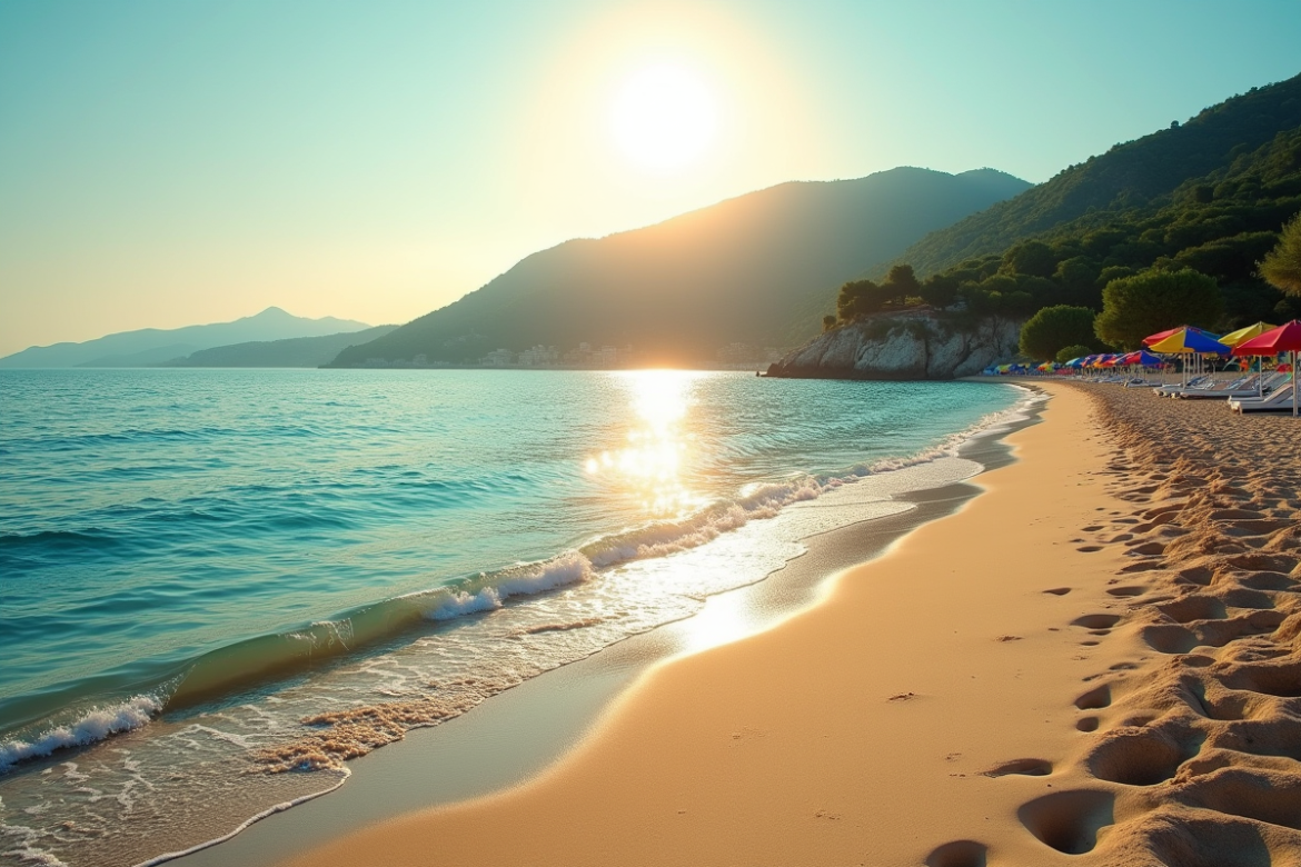Plage de Voulisma au lever du soleil avec eau turquoise et sable doré