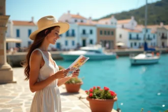 Femme consultant une brochure de voyage Leclerc devant un port méditerranéen turquoise en été