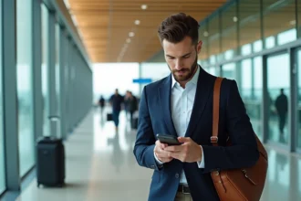Voyageur d'affaires à l'aéroport Madrid-Barajas Terminal 4 consultant son téléphone avant de choisir entre navette privée et transport public