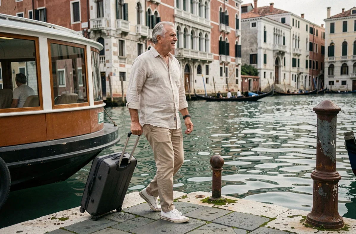 Voyageur arrivant à Venise depuis un vaporetto sur le Grand Canal avec ses bagages, façades vénitiennes en arrière-plan