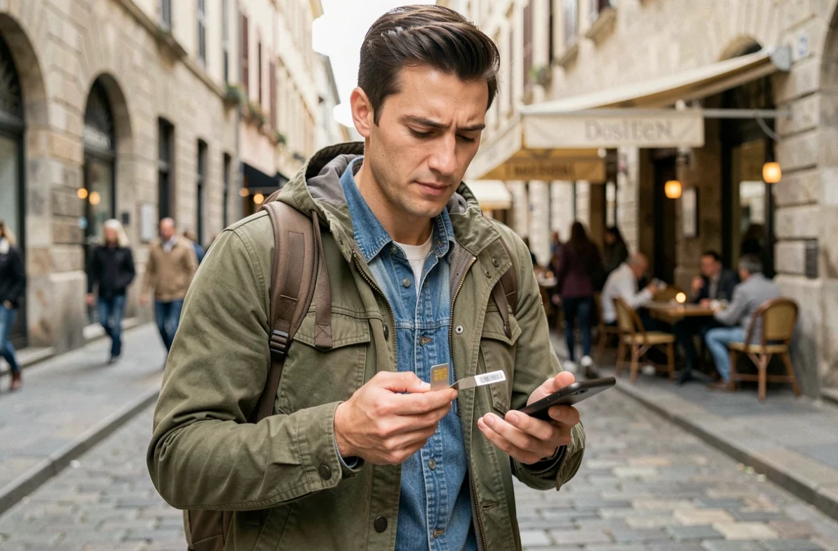 Voyageur changeant sa carte SIM sur une rue pavée européenne pour conserver son numéro WhatsApp