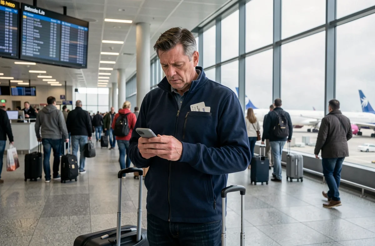 Voyageur cherchant un code promo Promovacances en dernière minute dans un aéroport avant son départ