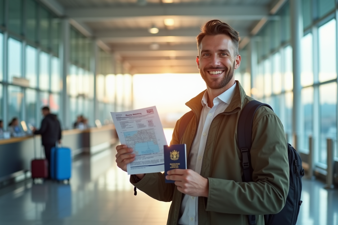 Voyageur souriant avec permis et passeport à l'aéroport