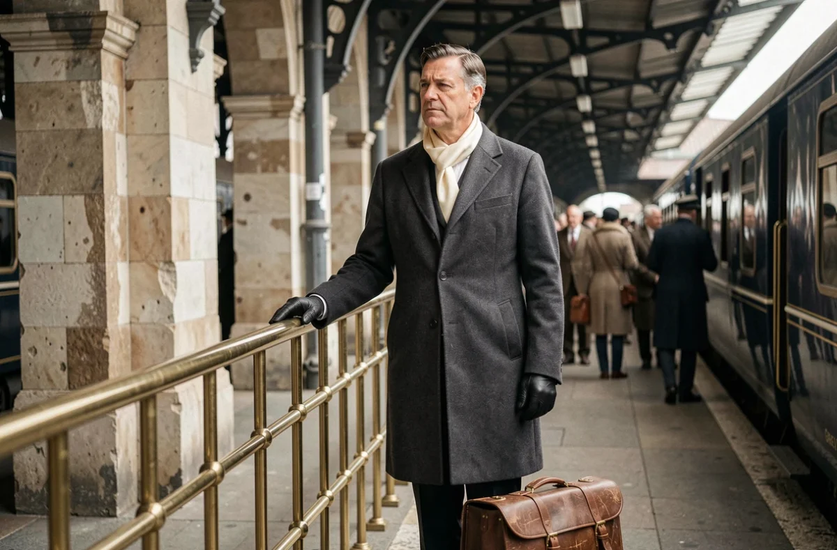 Voyageur élégant en manteau de laine sur le quai de gare à côté d'un wagon de l'Orient Express