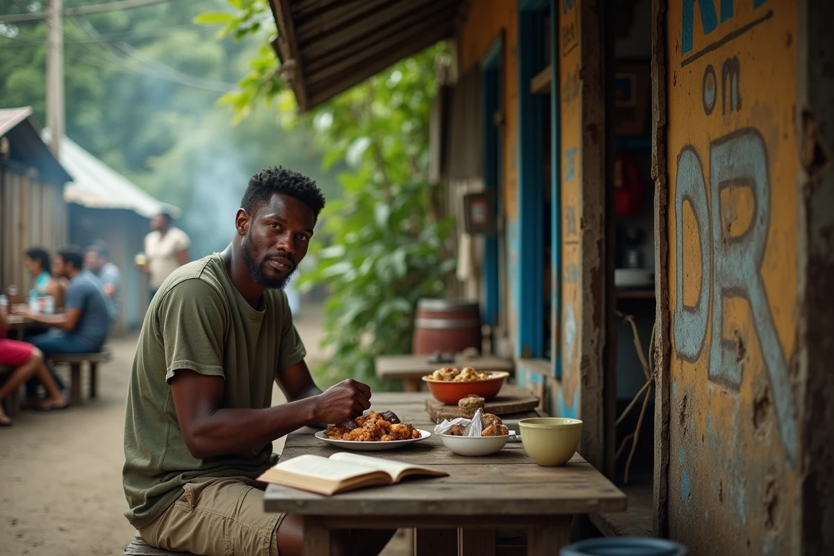 Voyageur solo dégustant du jerk chicken dans un restaurant de rue typique de Kingston