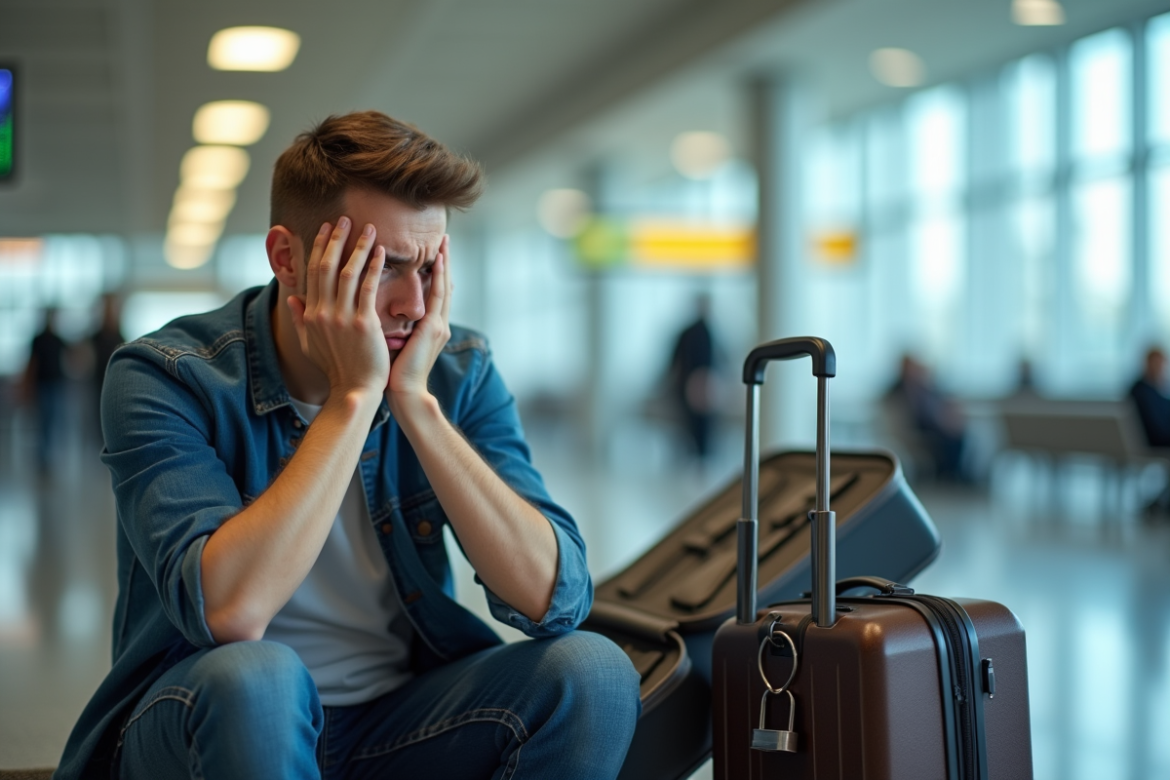 Voyageur assis près d'une valise ouverte dans un aéroport lumineux