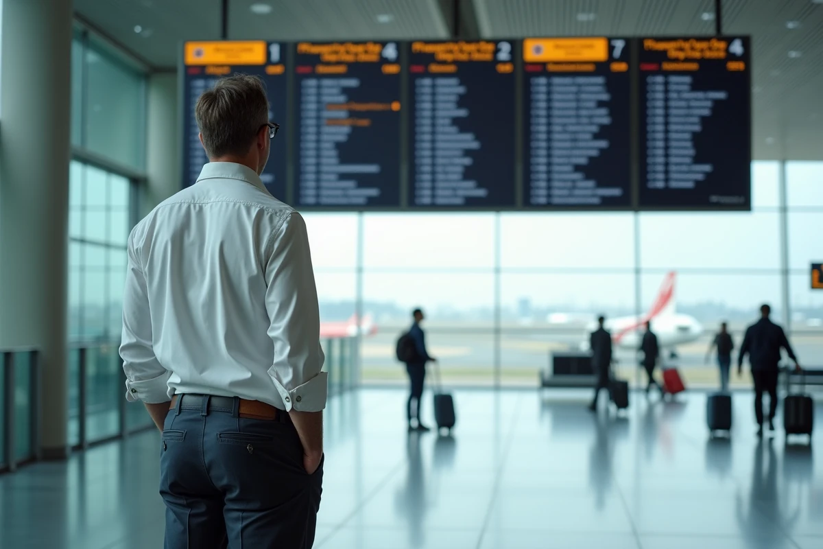 Voyageur consultant le tableau des départs dans un terminal aéroport pour un vol long-courrier international