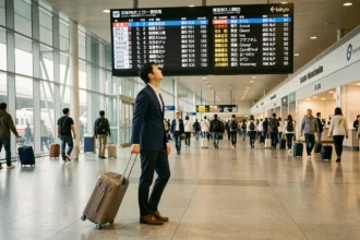 Voyageur consultant le tableau des horaires de trains à l'aéroport international de Narita Tokyo