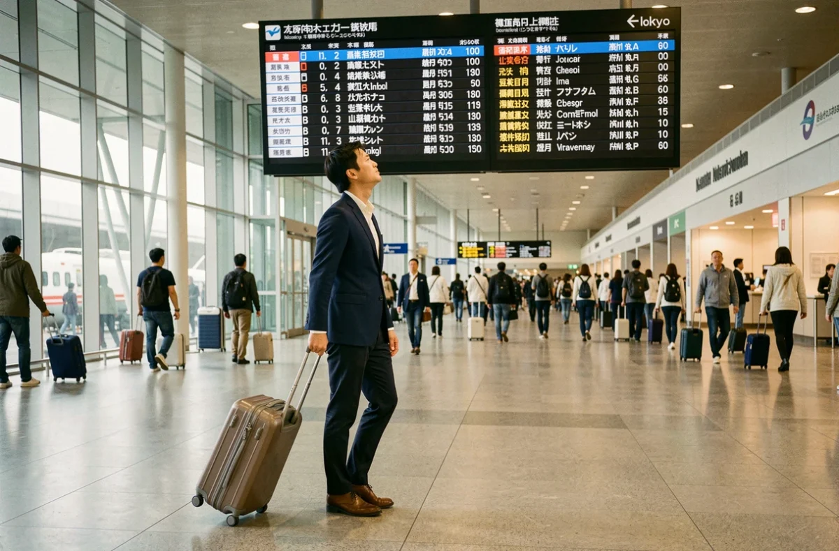 Voyageur consultant le tableau des horaires de trains à l'aéroport international de Narita Tokyo