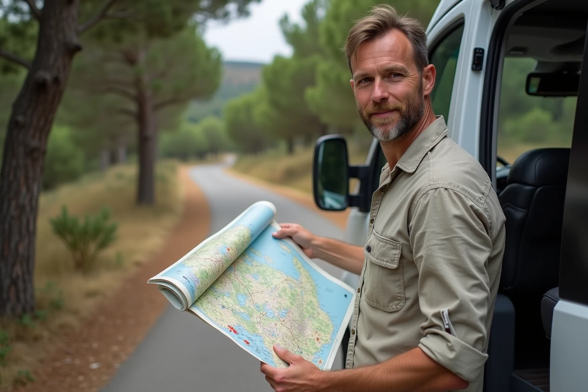 Voyageur en van aménagé consultant une carte routière au Cap Corse lors d'un road trip en camping-car