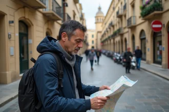 Homme voyageur regardant une carte dans la vieille ville de Valletta