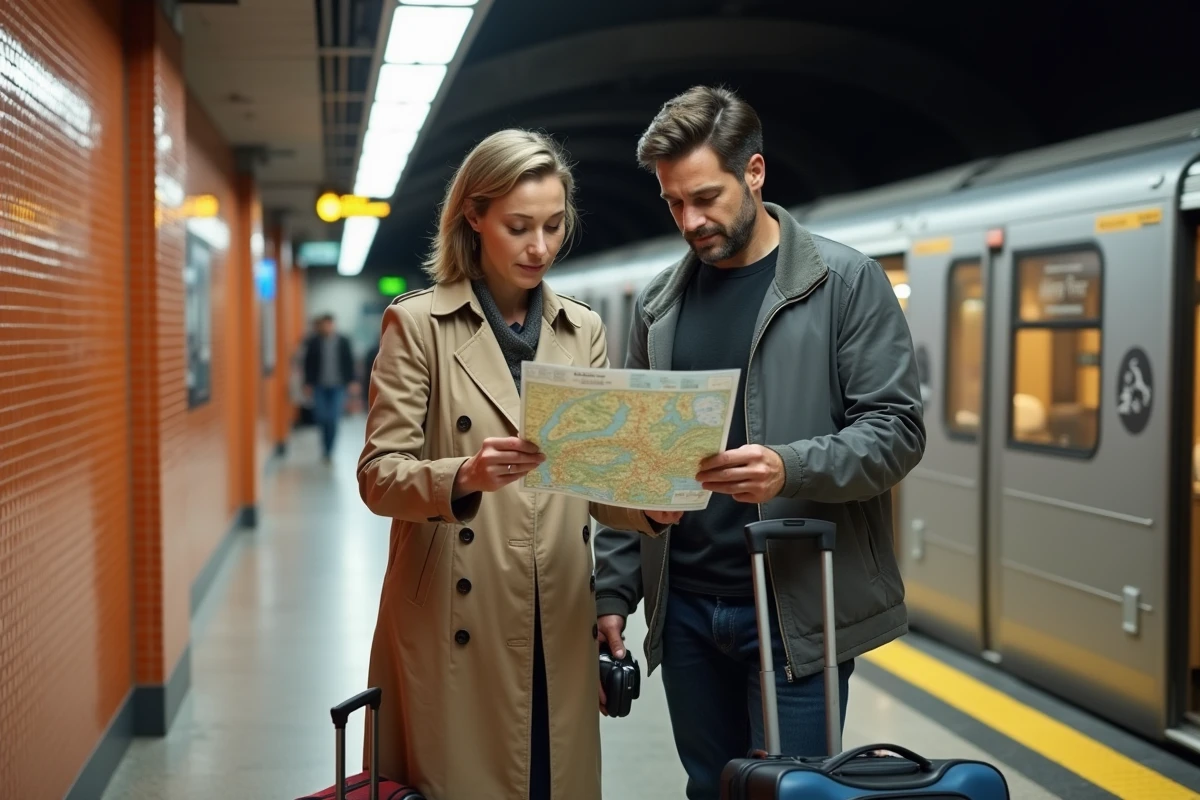 Couple de voyageurs consultant le plan du métro sur le quai de la station Aeropuerto de Madrid avec leurs valises