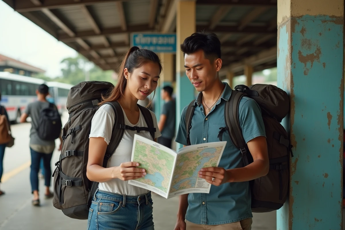 Deux voyageurs occidentaux consultant une carte de bus et un guide de voyage dans un terminal de transport thaïlandais provincial