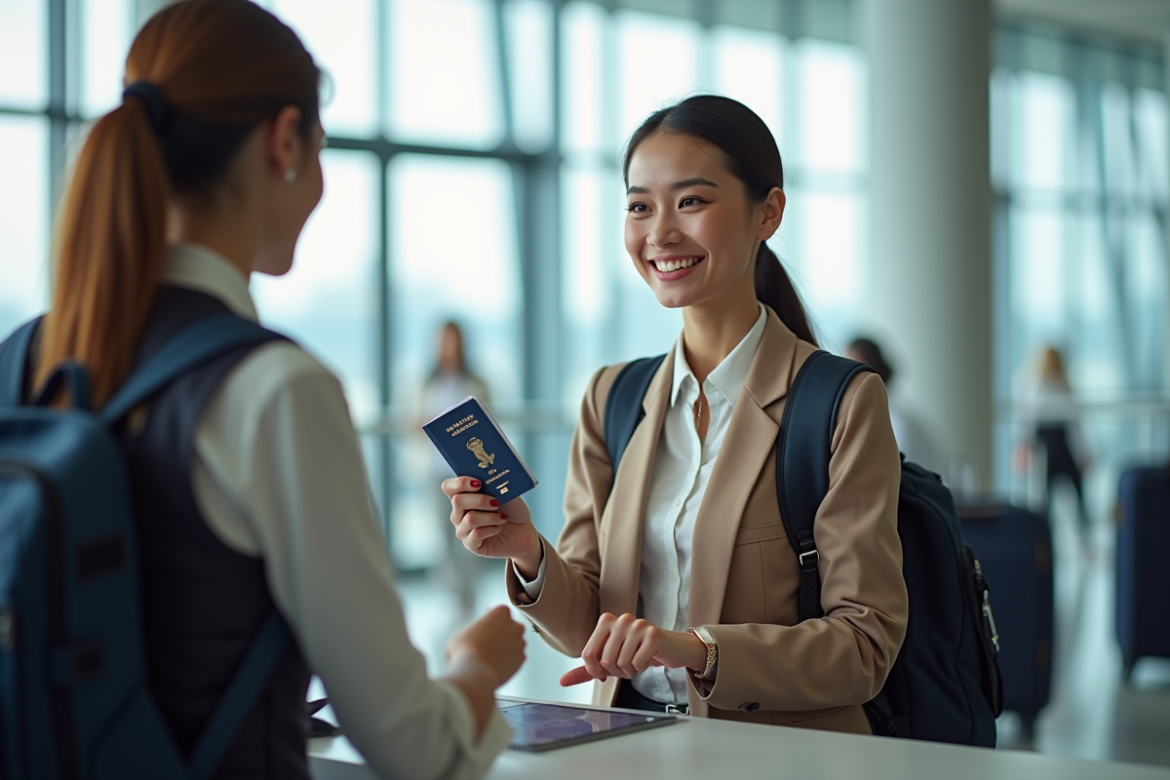 Voyageuse souriante à l'aéroport avec son passeport