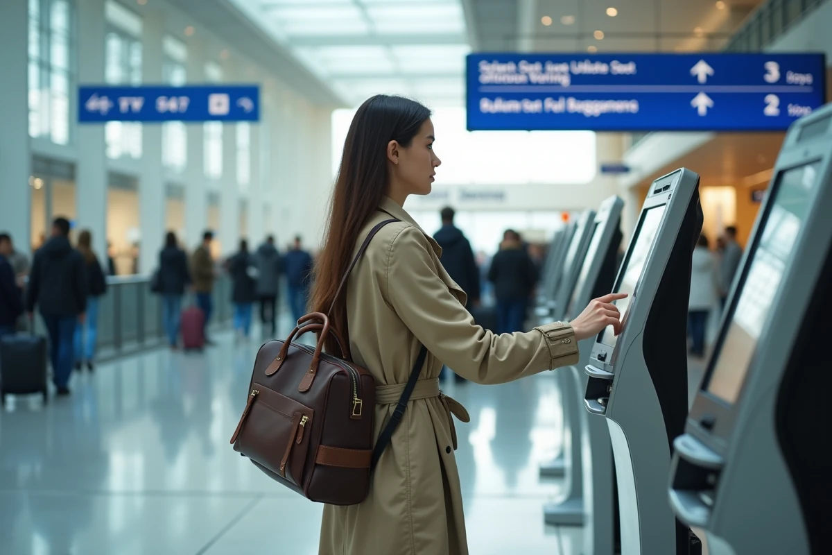 Voyageuse utilisant une borne d'enregistrement pour modifier ses bagages et son siège sur un vol Air Algérie