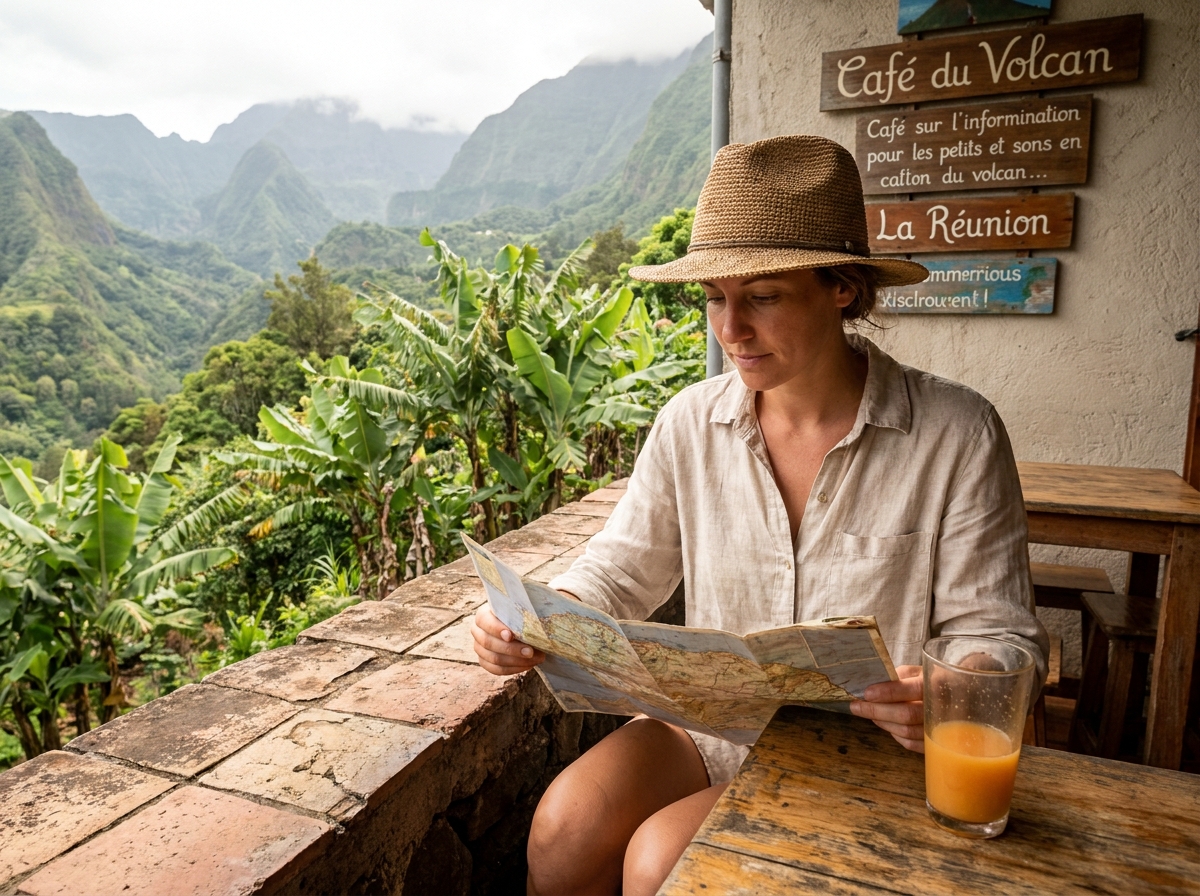Voyageuse consultant une carte touristique sur une terrasse à La Réunion avec vue sur un paysage volcanique tropical