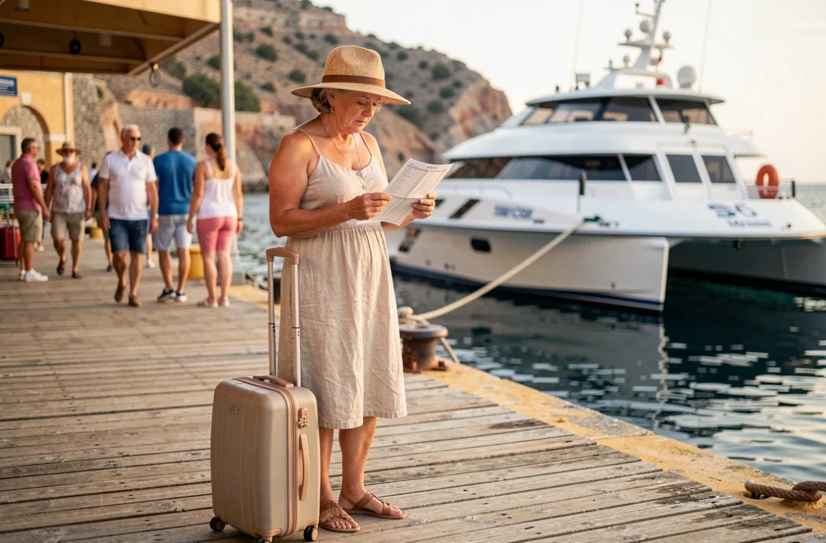 Voyageuse consultant les horaires de ferry au port de Lipari dans les îles Éoliennes