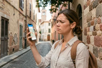 Voyageuse consultant Google Maps en itinéraire à pied dans une ruelle pavée d'une ville européenne