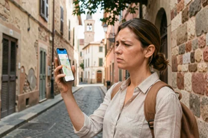 Voyageuse consultant Google Maps en itinéraire à pied dans une ruelle pavée d'une ville européenne