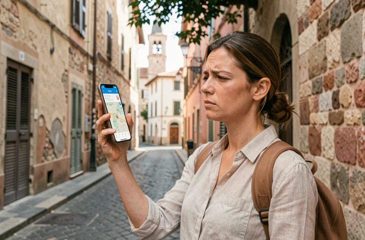 Voyageuse consultant Google Maps en itinéraire à pied dans une ruelle pavée d'une ville européenne