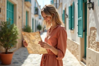 Voyageuse consultant une carte dans une ruelle méditerranéenne aux murs blanchis et volets turquoise