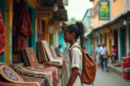 Voyageuse solo explorant un marché de rue animé à Kingston en Jamaïque