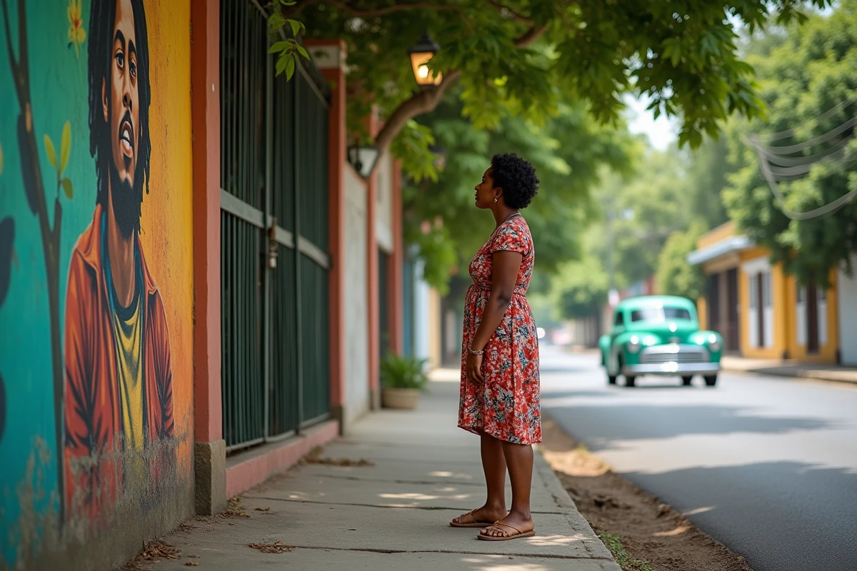 Voyageuse solo devant le musée Bob Marley sur Hope Road à Kingston en Jamaïque