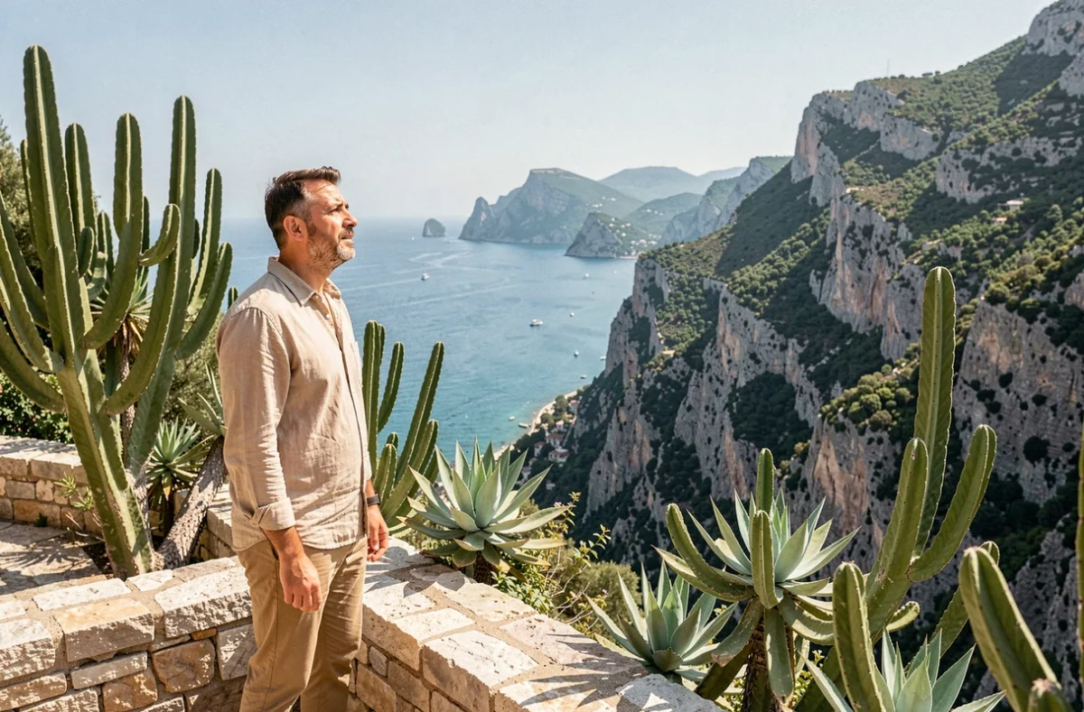 Homme admirant la vue panoramique sur la Côte d'Azur depuis le Jardin Exotique d'Eze